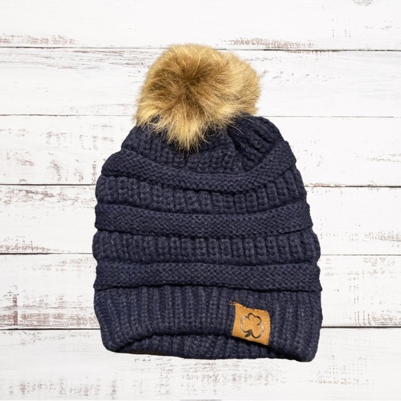 Clover Cottage Kids Pom-Pom Beanie-Navy One Size - Picture 1 of 2